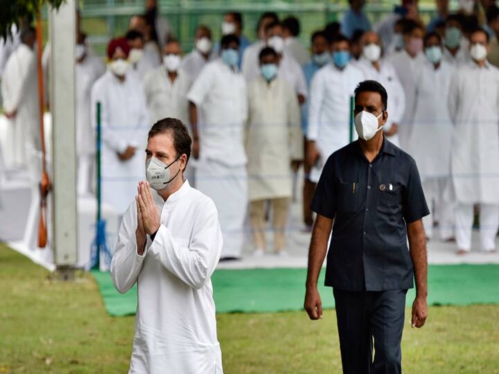 New Delhi: Congress leader Rahul Gandhi after paying tribute to his father and former prime minister Rajiv Gandhi on his 77th birth anniversary, at Veer Bhumi in New Delhi, Friday, Aug. 20, 2021.  (PTI Photo/Ravi Choudhary)