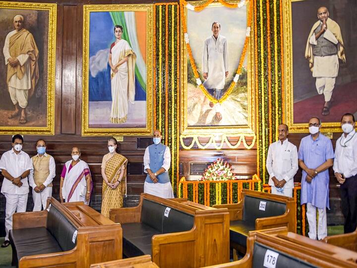 New Delhi: Union Defence Minister Rajnath Singh, Congress Interim President Sonia Gandhi and others, pose for a group photo after paying tribute to former prime minister Rajiv Gandhi on his birth anniversary, at Parliament House in New Delhi, Friday, Aug 20, 2021. (PTI Photo/Kamal Singh)