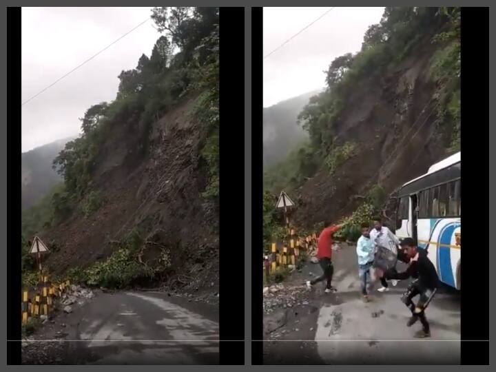 Bus with 14 passengers luckily escaped landslide in Uttarkhand's Nanital today பயங்கர நிலச்சரிவு.. சூப்பர் ஹீரோவாக மாறிய பஸ் ட்ரைவர்.. தப்பித்த 14 பேர் - வீடியோ !