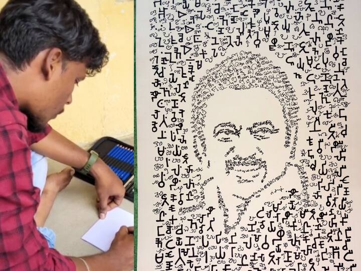 kanchipuram artist 741 Tamil MK Stalin's portrait painted by Kanchipuram painter ganesh பைந்தமிழ் எழுத்துக்களால் முதல்வர் மு.க.ஸ்டாலினை ஓவியமாக வரைந்த காஞ்சிபுரம் இளைஞர்...!