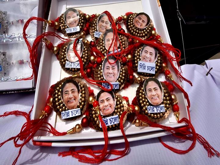 Rakhis with photographs of Chief Minister Mamata Banerjee during Raksha Bandhan celebration, in Kolkata, Sunday, Aug 22, 2021. (PTI Photo)