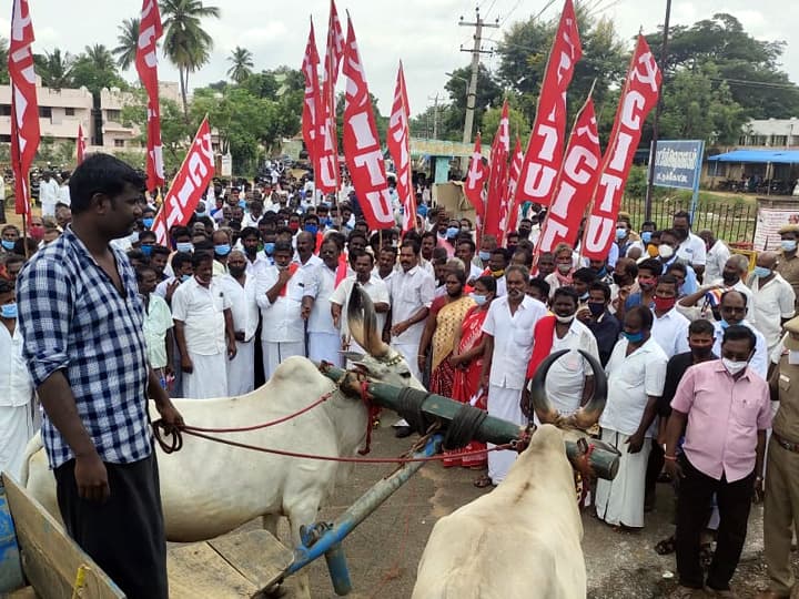 Cattle cart workers wait to open sand quarries in Pattukottai, Tanjore district மணல் குவாரிகளை திறக்க கோரி மாட்டு வண்டி தொழிலாளர்கள் காத்திருப்பு போராட்டம்...!