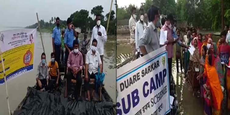Murshidabad West Bengal Administration Organizes  Duare Sarkar Camp On Boat in Waterlogged Area Murshidabad : পদ্মার জলে প্লাবিত গ্রাম, নৌকো চড়ে 'দুয়ারে সরকার' পৌঁছাল দুয়ারেই