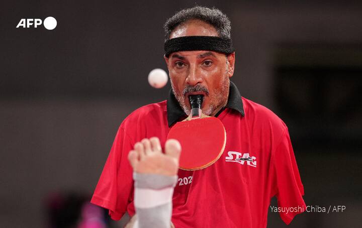 Egypt's Ibrahim Elhusseiny Hamadtou serves a ball during the men's table tennis singles (Class 6) Group match at the Tokyo 2020 Paralympic Games at Tokyo Metropolitan Gymnasium. (Image: AFP)
