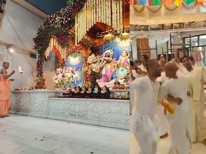 Krishna Janmashtami Kanha s aarti performed in Noida s ISKCON temple ANN Krishna Janmashtami in ISKCON Temple: नोएडा के इस्कॉन मंदिर में बड़े धूमधाम से हुई कान्हा की आरती, अपने इष्ट देव के जन्मदिन में झूमते दिखे भक्त
