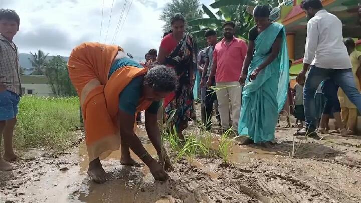 In Dharmapuri, the public staged a protest demanding road facilities தருமபுரியில் சாலை வசதி கேட்டு சாலையில் நாற்று நட்டு போராட்டம் - பேருந்து சிறைப்பிடிப்பு...!