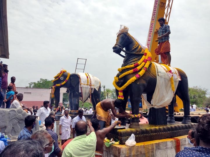 ஒரத்தநாடு அருகே அய்யனார் கோயிலில் 35 டன் எடையுள்ள யானை, குதிரை சிலைகள் பிரதிஷ்டை