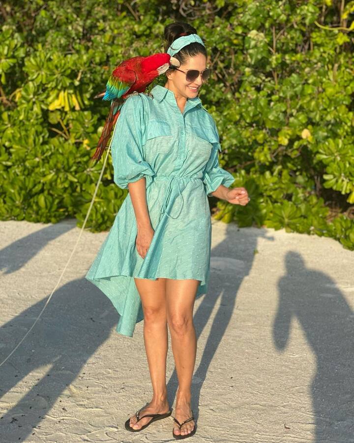 हा मॅकॉ सनीच्या खांद्यावर बसलेला दिसत आहे. मॅकॉ खांद्यावर बसला असताना तिनं काही फोटो काढले आहेत.  (photo courtesy : @sunnyleone/IG)