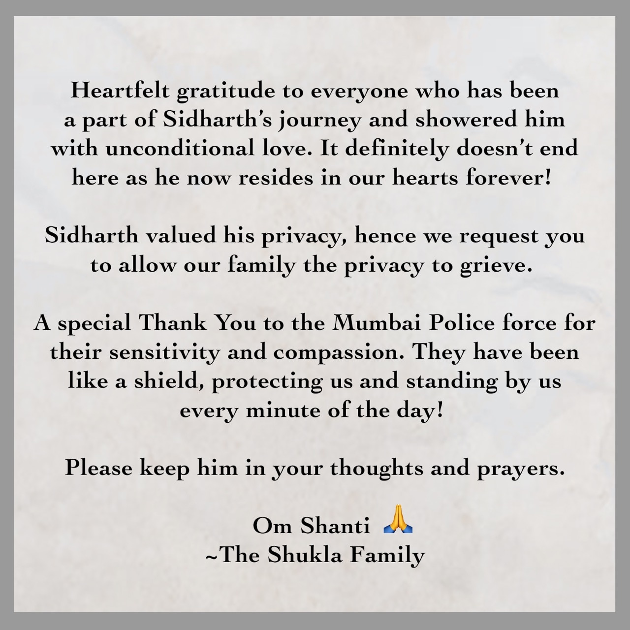 Sidharth Shukla Death:एक्टर के परिवार ने जारी किया बयान, सभी से फैमिली की प्राइवेसी बनाए रखने का किया अनुरोध