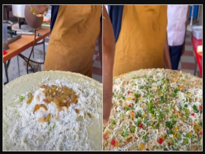 twitter user's video about dilkush dosai goes viral with over 1.5 lakhs views முந்திரி, சீஸ், ட்ரை ஃப்ரூட்ஸ்  மழைச்சாரல் மாதிரி தெளித்த தில்குஷ் தோசை- வைரல் வீடியோ !