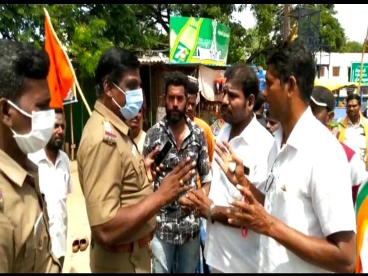 Tension gripped at Arakkonam as Hindu Munnani and BJP party cadres place vinayar idol violating ban அரக்கோணம் நகரில் தடையை மீறி வைக்கப்பட்ட விநாயகர் சிலை - போலிசாருடன் வாக்குவாதம்...!