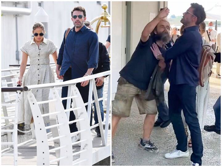 Ben Affleck pushed the man taking selfie with Jennifer Lopez at the airport Video: एयरपोर्ट पर Jennifer Lopez के साथ सेल्फी ले रहे शख्स को बॉयफ्रेंड Ben Affleck ने मारा धक्का, देखिए पूरा वीडियो