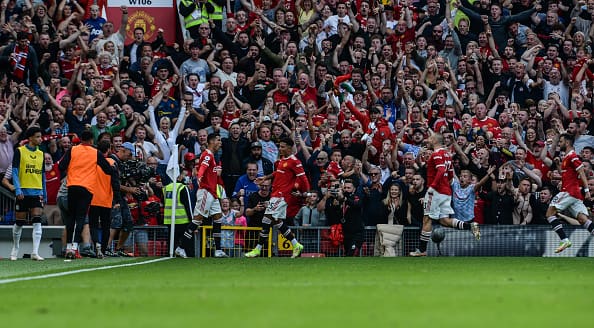 Cristiano Ronaldo of Manchester United (7) celebrates after scoring his second goal during the Premier League match between Manchester United and Newcastle United at Old Trafford. (Getty Images)