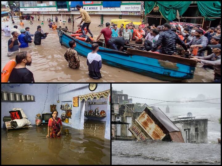 हालात बेकाबू होता देख प्रशासन न मदद मुहैया कराने के लिए एनडीएरएफ की टीमों को लगाया है. एक एनडीआरएफ का जवान भारी बारिश के बाद बाढ़ के हालात के बीच एक बच्चे को रेस्क्यू करता नज़र आया. ये तस्वीर जानगर की है. (तस्वीर: पीटीआई)