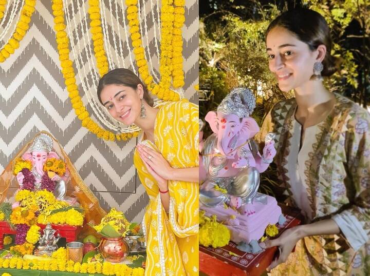 बॉलीवुड एक्ट्रेस अनन्या पांडे के घर में भी गणपति बप्पा का शानदार स्वागत किया गया. इस मौके पर एक्ट्रेस ने पीले रंग का सूट सलवार पहना था. तो वहीं गणपति की विदाई के मौके पर वो क्रीम कलर के आउटफिट में दिखाईं दी जिस पर गोल्डन कलर कढ़ाई की गई थी.