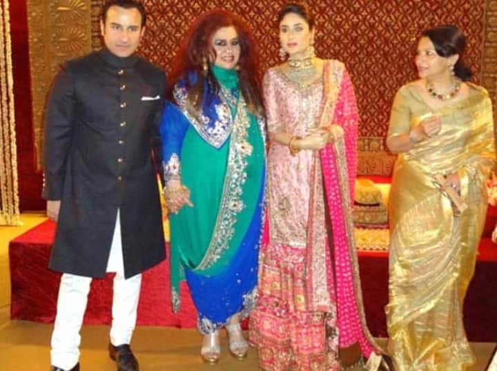 करीना की सास शर्मिला टैगौर ने गोल्डन साड़ी पहनी थी वहीं करीना और सैफ के बीच में मशहूर मैकअप आर्टिस्ट शहनाज दिखाई दे रही हैं जो इस रॉयल रिसेप्शन की गवाह बनीं थीं.