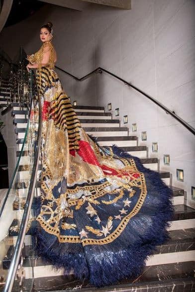 For her debut Met Gala look, Sudha Reddy chose to wear an opulent military-inspired haute couture by Falguni Shane Peacock. Inspired by American revolution, Sudha’s outfit was a bright gold sculptured gown with a dramatic 4-meter metallic train with medley of hues borrowed from the American flag. pic credit: Instagram]
