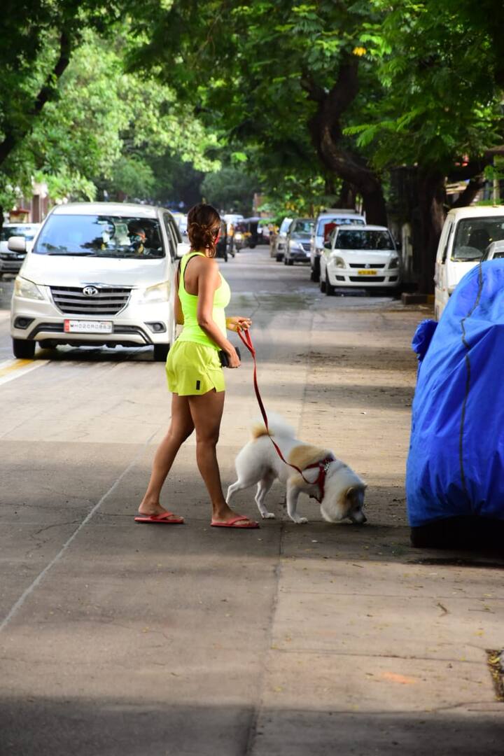 This time Malaika stepped out for a walk with her pet dog wearing a neon green outfit and the actress was glowing in this simple yet eye-catching attire of hers. (Image courtesy – Manav Manglani)
