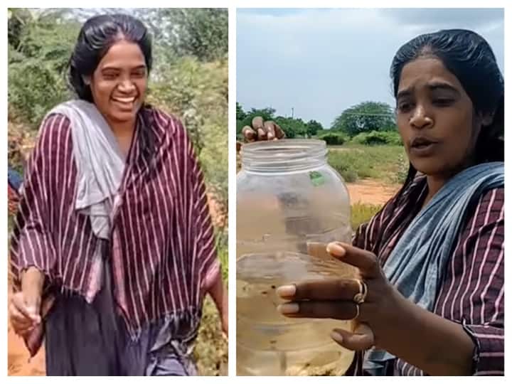 TikTok Trichy Sadhana happy fishing moment in the Canal பாவாடையில் மீன் பிடித்த சாதனா.. குளியல் ஆடையுடன் சாலையில் வீடியோ பதிவு!