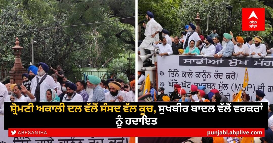Shiromani Akali Dal March: ਸ਼੍ਰੋਮਣੀ ਅਕਾਲੀ ਦਲ ਵੱਲੋਂ ਸੰਸਦ ਵੱਲ ਕੂਚ, ਸੁਖਬੀਰ ਬਾਦਲ ਵੱਲੋਂ ਵਰਕਰਾਂ ਨੂੰ ਹਦਾਇਤ Shiromani Akali Dal marches towards Parliament, Sukhbir Badal instructs workers Shiromani Akali Dal March: ਸ਼੍ਰੋਮਣੀ ਅਕਾਲੀ ਦਲ ਵੱਲੋਂ ਸੰਸਦ ਵੱਲ ਕੂਚ, ਸੁਖਬੀਰ ਬਾਦਲ ਵੱਲੋਂ ਵਰਕਰਾਂ ਨੂੰ ਹਦਾਇਤ