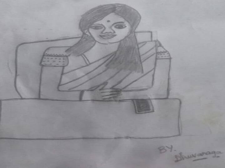 Student who draws Thiruvarur Collector  a photo and presents it ஆட்சியருக்கு அவரது புகைப்படத்தை ஓவியமாக வரைந்து வழங்கிய மாணவி!
