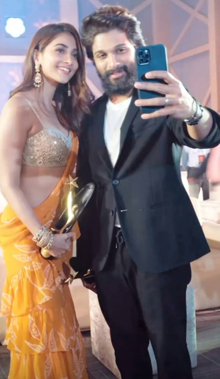 நடிகர் அல்லு அர்ஜூன் உடன் செல்ஃபி எடுக்கும் பூஜா