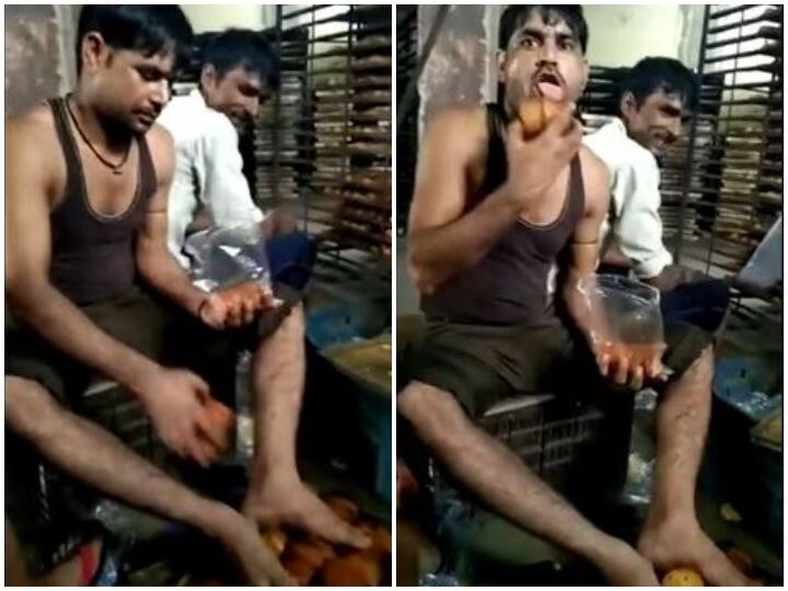 Packing of toast is done by licking on Social media users demand for strict action Viral video: टोस्ट पर पैर रखकर चाटकर की जा रही पैकिंग, वायरल वीडियो देख लोगों का फूटा गुस्सा