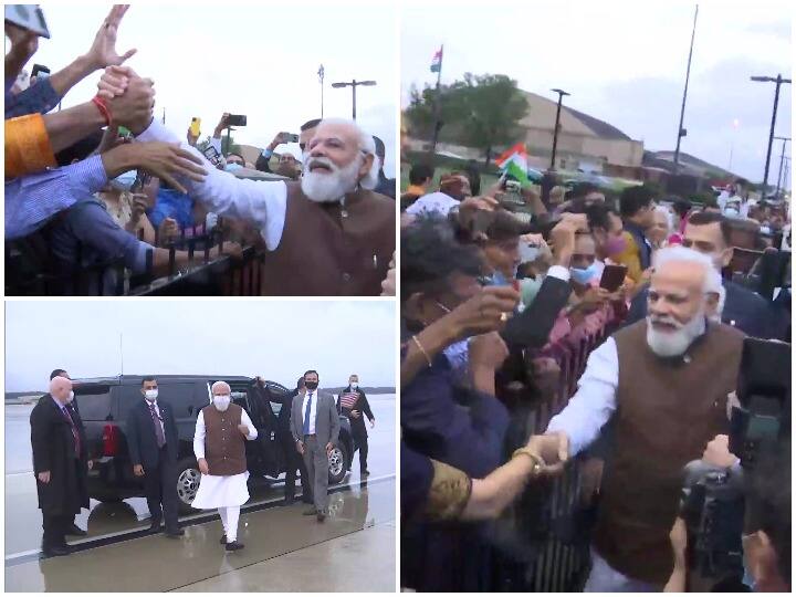 PM Narendra Modi meets Indians on arrival at Joint Base Andrews in Washington DC PM Modi US Visit: अमेरिका के ज्वॉइंट बेस एंड्रयूज पहुंचे पीएम मोदी, भारतीयों ने किया जोरदार स्वागत