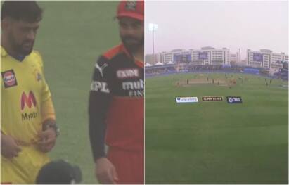 IPL 2021: CSK vs RCB sand storm in Sharjah, toss delayed for 10 mins IPL 2021, CSK vs RCB: ஷார்ஜாவில் புழுதி புயல்... டாஸ் போடுவதில் சிக்கல்... ஓவர் குறைக்கப்பட வாய்ப்பு!