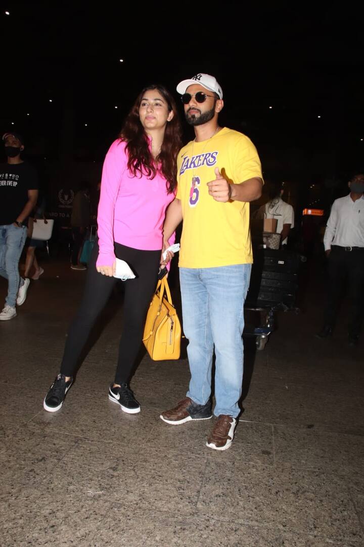 Disha Parmar and Rahul Vaidya were all smiles while posing for the shutterbugs at the airport. Vaidya celebrated his 34th birthday with his wife in the exotic locales of Maldives.