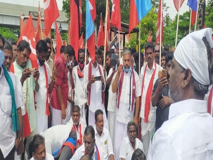 Bharat Bandh - Thiruvarur: Farmers arrested for obstructing train நாடு முழுவதும் எதிர்கட்சிகள் நடத்தும் பந்த் - திருவாரூரில் ரயிலை மறித்த  விவசாயிகள் கைது