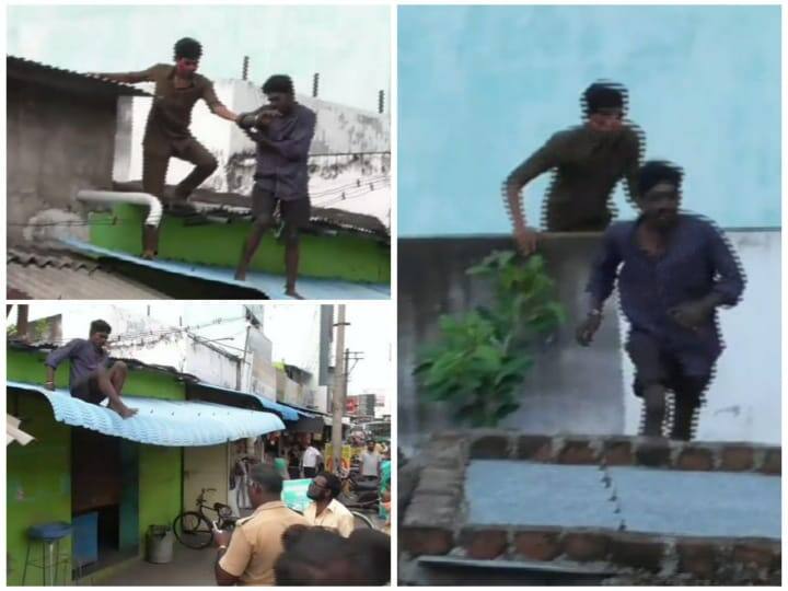 arani attempted suicide by climbing into shop after police spoke in an intimidating manner தண்ணி அடித்துவிட்டு போலிஸுக்கு தண்ணி காட்டிய அரை ட்ரவுசர் அர்ணால்டால் ஆரணியில் பரபரப்பு...!