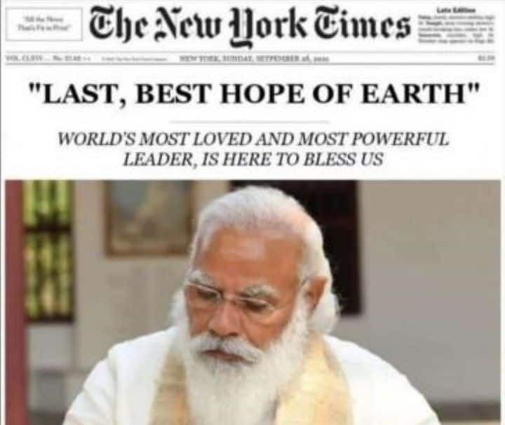 New York Times Viral Cover Page Image Praising PM Modi Turns Out Fake With Morphed Image Typos New York Times Cover Page: విపరీతంగా వైరల్ అయిన ఆ 'ది న్యూయార్క్ టైమ్స్' న్యూస్ క్లిప్ ఫేక్!