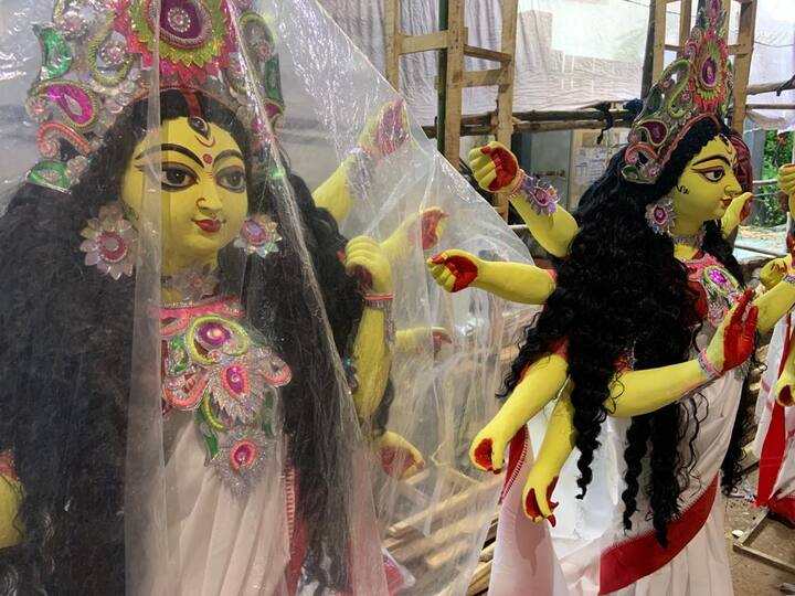 মণ্ডপের ভিতরে ঢুকলে আবরণের মধ্যে সার সার প্রতিমার দেখা মিলবে।