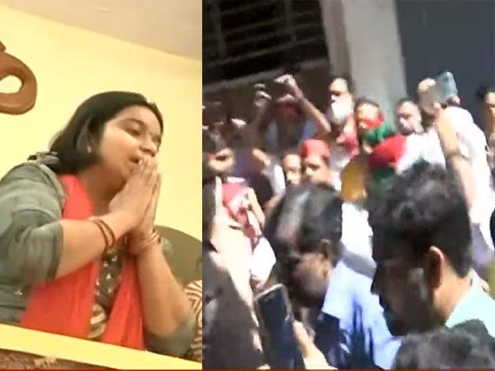 SP Leader Protest: मनीष गुप्ता के घर पर जुटे सपा कार्यकर्ता, पत्नी हाथ जोड़कर बोलीं- राजनीति ना करे