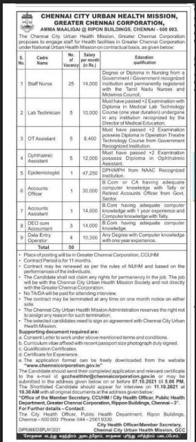 சென்னை மாநகராட்சியில் குவிந்துள்ள சுகாதாரத்துறை பணி வாய்ப்புகள்.. உடனே அப்ளை பண்ணுங்க..