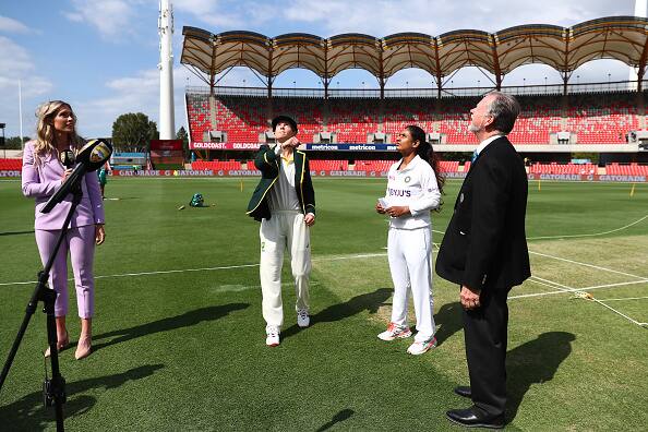 Meg Lanning of Australia and Mithali Raj of India during the coin toss on day one of the Women's International Test match between Australia and India at Carrara Oval in Gold Coast, Australia. (Photo by Chris Hyde/Getty Images)
