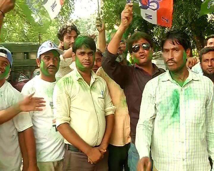 দলনেত্রীর জয়ের আশায় কালীঘাটে উত্সবে মাতলেন তৃণমূল কর্মীরা। উড়ছে সবুজ আবীর।
