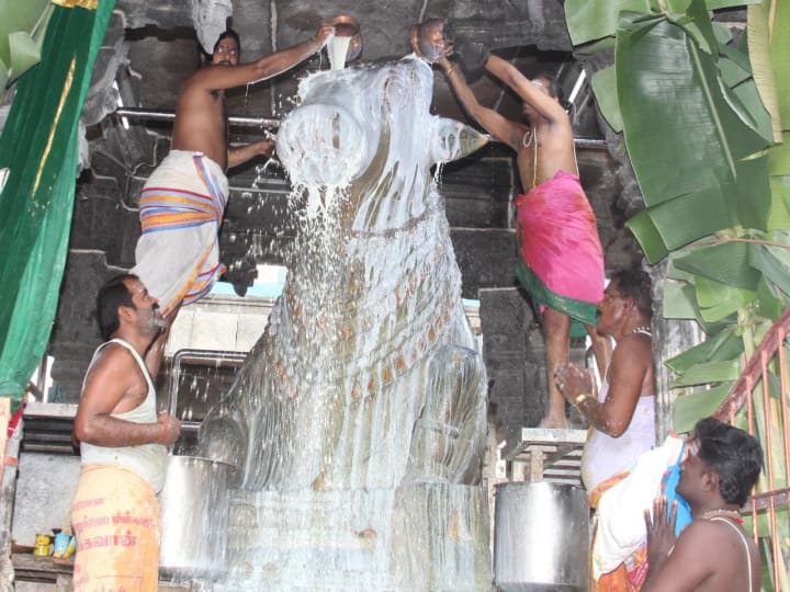 பெரிய நந்தி பகவானுக்கு பால் அபிஷேகம் நடைபெற்றது