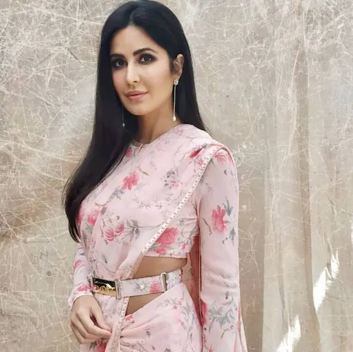 बेबी पिंक रंगाच्या प्रिंटेड शिफॉन साडीतल्या कॅटरिनाच्या सौंदर्यावर तुम्हीदेखील भाळून जाल. तिच्या कंबरेवरील साडीला मॅचींग बेल्ट साडीवर उठून दिसत आहे.
