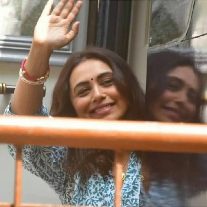 In the photos, Rani is seen clad in a blue printed outfit with red bangles and a bindi on her forehead.
