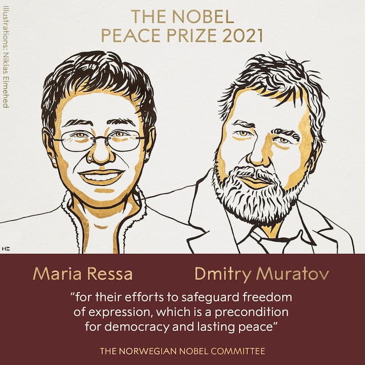 Nobel Peace Prize 2021 Journalists Maria Ressa, Dmitry Muratov won nobel prize for peace Nobel Peace Prize 2021: నోబెల్ శాంతి బహుమతి ప్రకటన.. మరియా రెసా,  మురాటోవ్‌లకు దక్కిన పురస్కారం