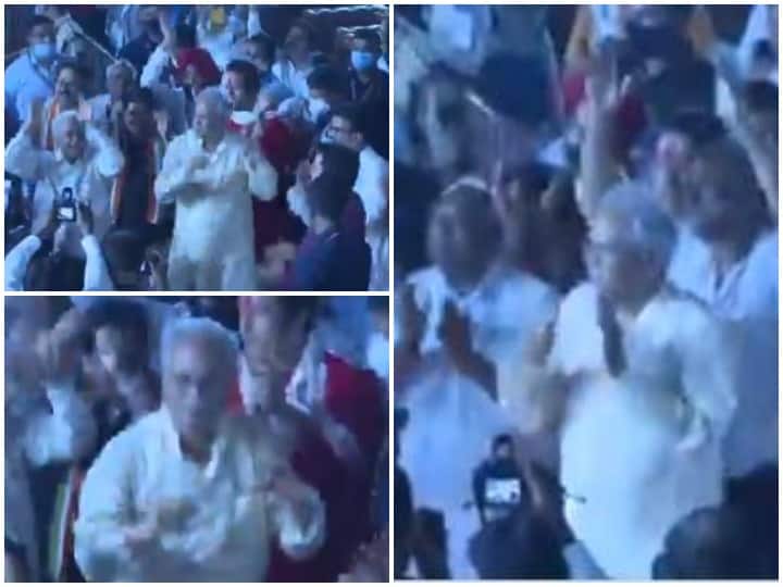 CM Bhupesh Baghel was seen dancing with party leaders on inauguration ceremony of Kaushalya temple  Chhattisgarh: माता कौशल्या मंदिर के उद्घाटन समारोह में झूमते दिखे CM भूपेश बघेल, देखिए वीडियो
