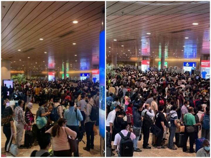 Ruckus, chaotic scenes at Mumbai airport, passengers miss flights கோயம்பேடு பஸ் ஸ்டாண்ட் தோற்றுப்போனது... மும்பை ஏர்போட்டில் குவிந்த கூட்டம்... விமானங்களை ‛மிஸ்’ செய்த பயணிகள்!