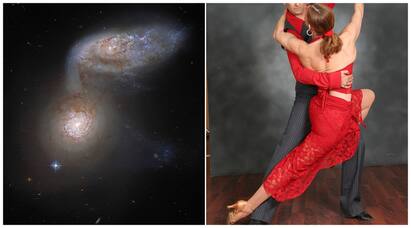 NASA shares pic of dancing galaxies 100 million light-yrs away from Earth நட்சத்திரங்கள் எல்லாம் டான்ஸ் ஆடிப் பாத்திருக்கீங்களா? - நாசா படம் எடுத்த அரிய நிகழ்வு.. (படங்கள் உள்ளே)