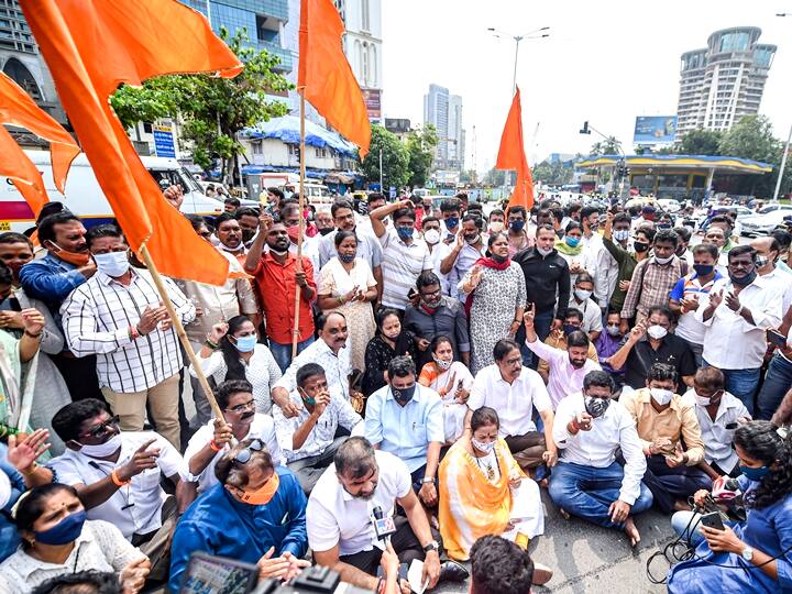 Mumbai Mayor Kishori Pednekar along with Shiv Sena party workers protest at Worli junction. Top leaders of the NCP - state president and senior minister in the MVA government Jayant Patil, his cabinet colleague Nawab Malik and NCP MP Supriya Sule - also staged a protest at the Hutatma Chowk in south Mumbai, holding placards and raising slogans against the BJP governments in Uttar Pradesh and at the Centre. (PTI Photo/Shashank Parade)