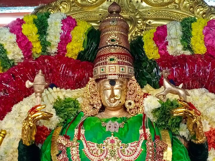 ரிஷப வாகன அலங்காரத்தில் அம்மன் இரு  கையில் மான், மழு கையில் ஏந்தியுள்ளார்