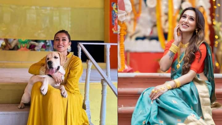 Mimi Chakraborty shares photos with her pet chikoo junior on durga puja চিকুর প্রথম পুজো, পোষ্যকে নিয়ে মণ্ডপে হাজির মিমি