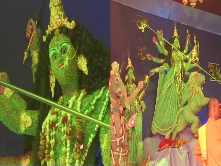 Durga Puja 2021: In Patna, students made the idol of Maa Durga made of coriander, a grand statue prepared in two months ann Durga Puja 2021: पटना में छात्रों ने धनिया से बनाई मां दुर्गा की मूर्ति, दो महीने में तैयार की भव्य प्रतिमा, देखते ही बन रही शोभा