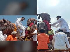 घोड्यावर चढून हार, नंतर अश्रूंची धार; शिवरायांना हार घालण्यासाठी राष्ट्रवादीचे आमदार थेट पुतळ्यावर